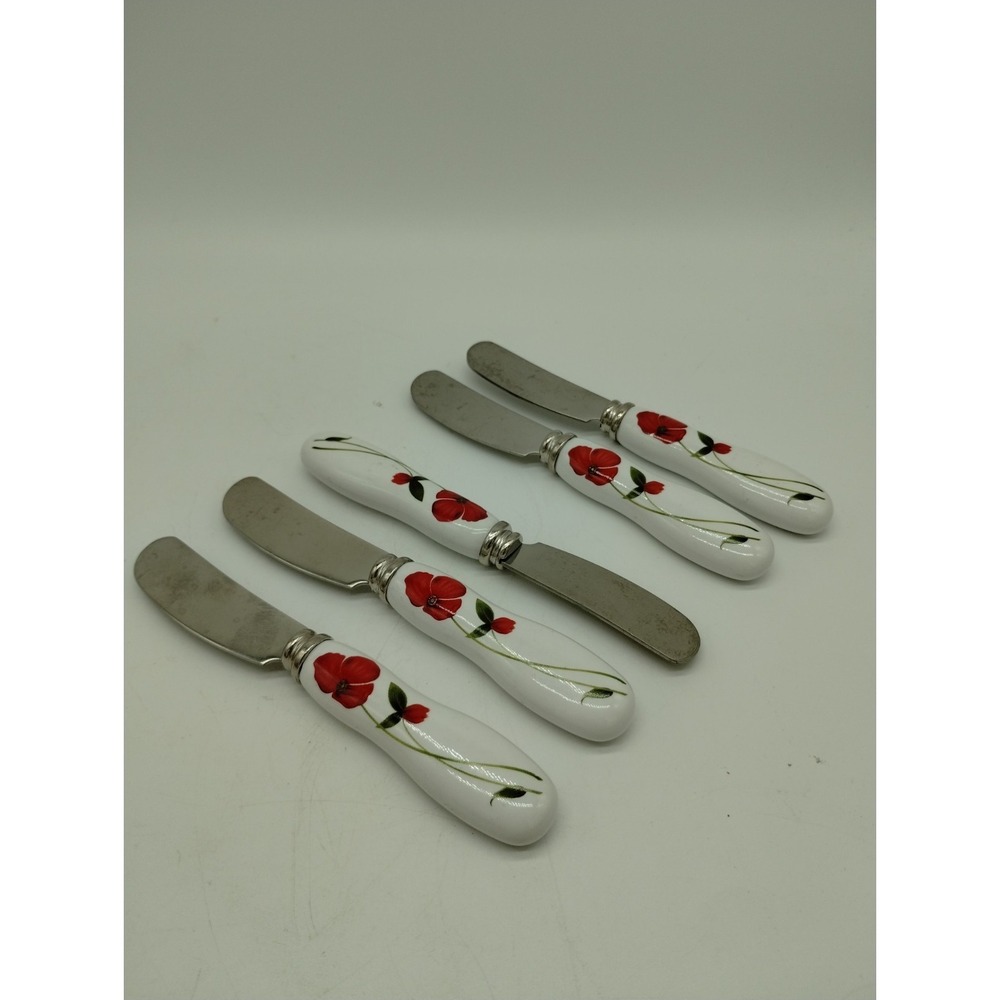 5 Porcelain Butter Knife Red Poppies White Condiment Spreader Canapé Cheese